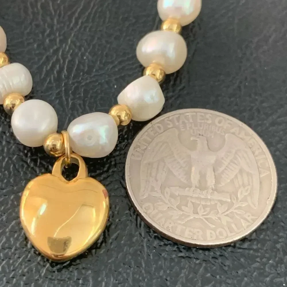 Genuine Freshwater Pearl Bracelet, Golden Heart Charm